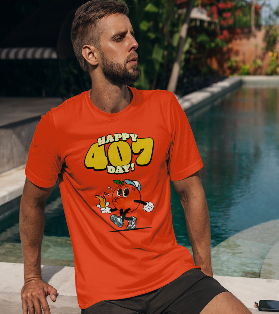 Happy 407 Day Orlando Orange Character With Drink And Sneakers T-Shirt