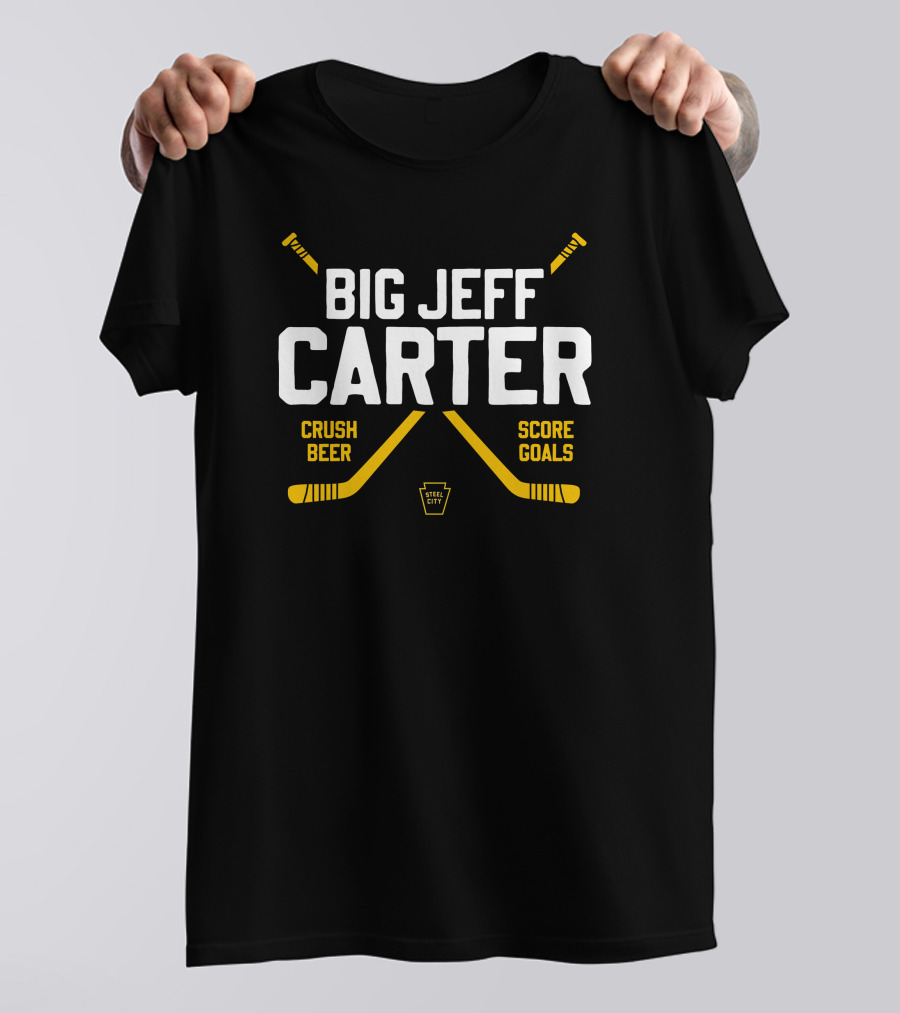 Big Jeff Carter Crush Beer Score Goals Hockey Crossed Sticks Steel City T-Shirt
