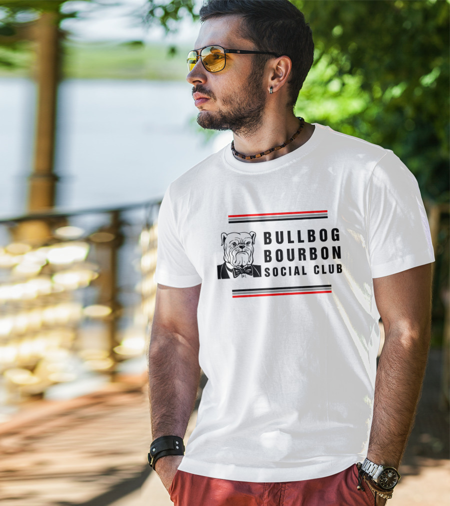 Bulldog Bourbon Social Club Classic Black And White Bulldog Illustration With Red Stripes T-Shirt