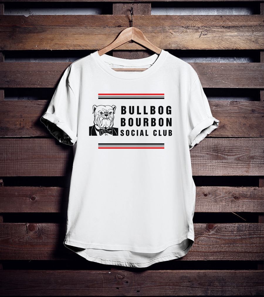 Bulldog Bourbon Social Club Classic Black And White Bulldog Illustration With Red Stripes T-Shirt