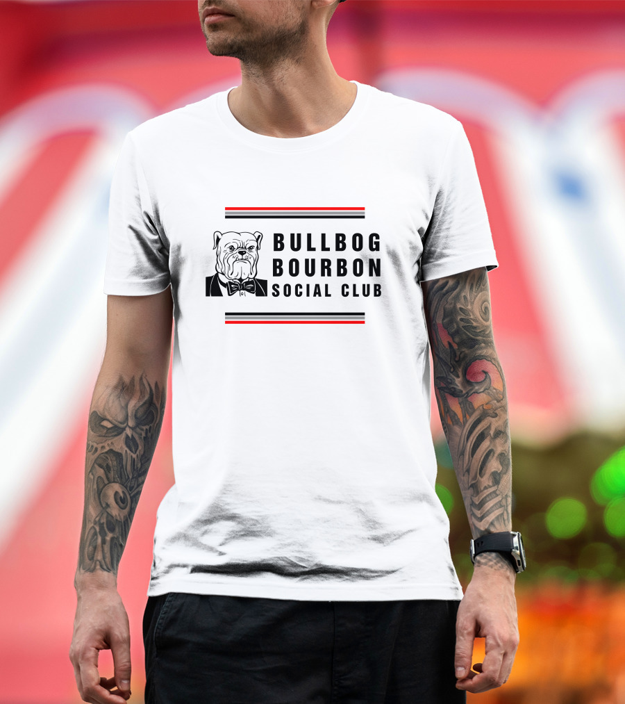 Bulldog Bourbon Social Club Classic Black And White Bulldog Illustration With Red Stripes T-Shirt