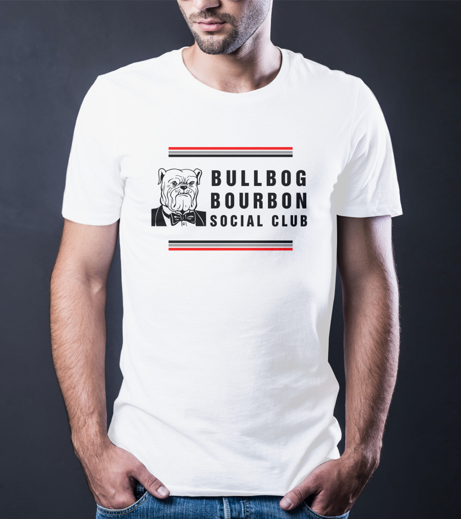Bulldog Bourbon Social Club Classic Black And White Bulldog Illustration With Red Stripes T-Shirt