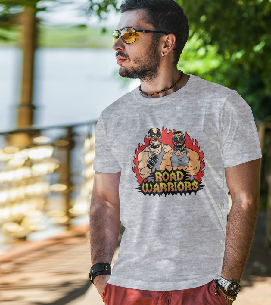 Road Warriors Homage Merch Wrestlers In Flame Background T-Shirt