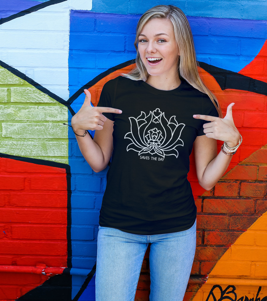 Saves The Day Floral Motif Design Black T-Shirt