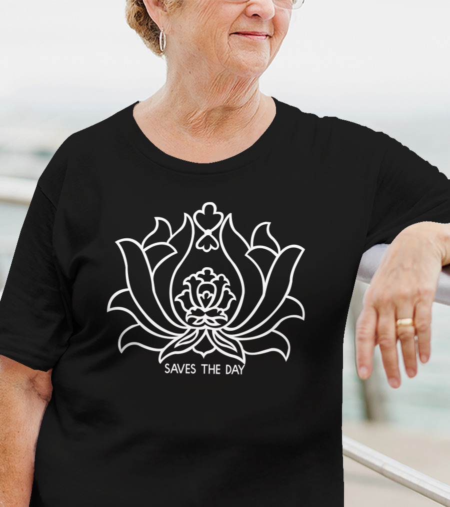 Saves The Day Floral Motif Design Black T-Shirt