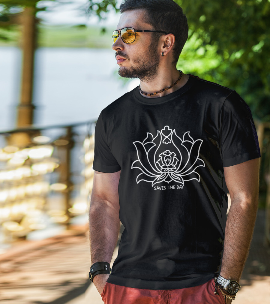 Saves The Day Floral Motif Design Black T-Shirt