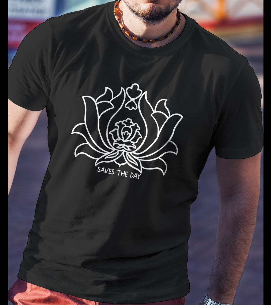 Saves The Day Floral Motif Design Black T-Shirt