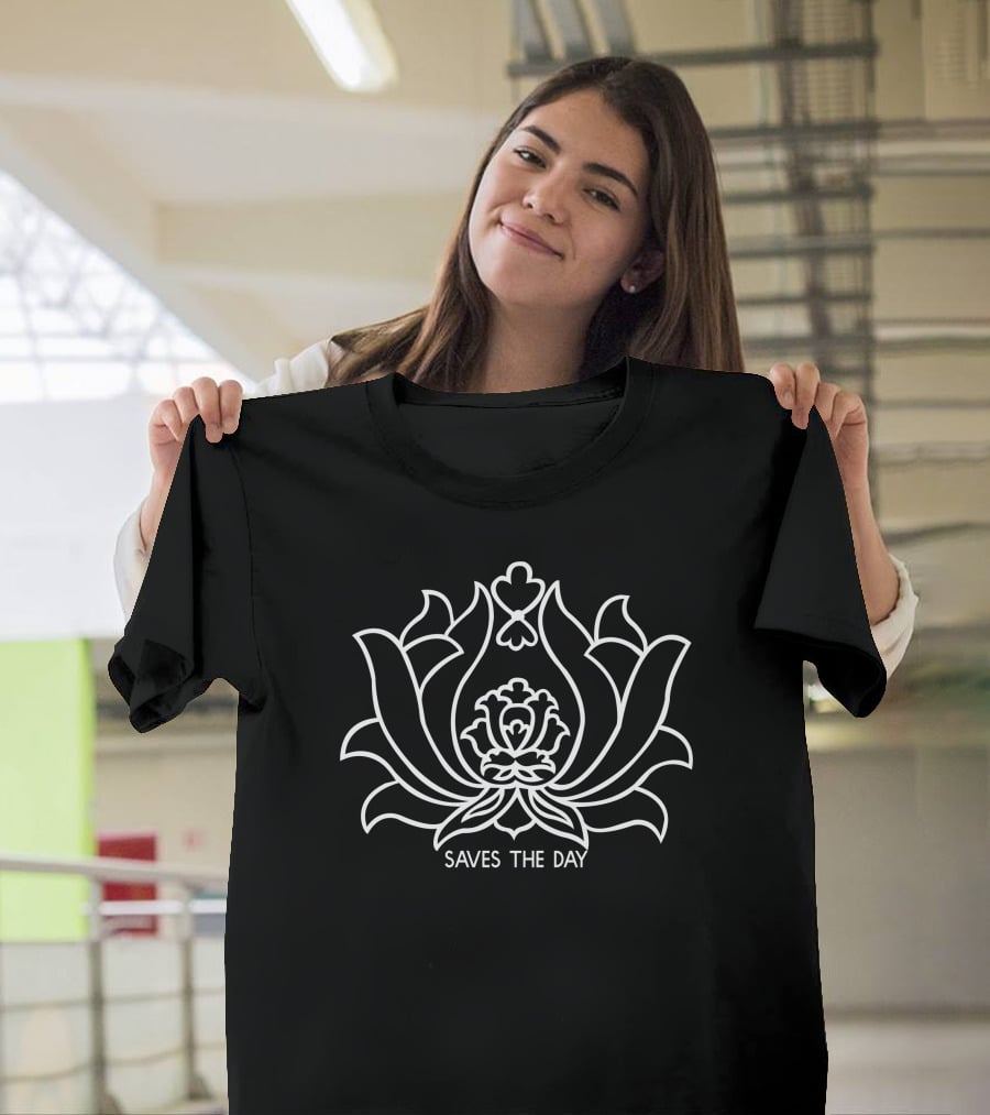 Saves The Day Floral Motif Design Black T-Shirt