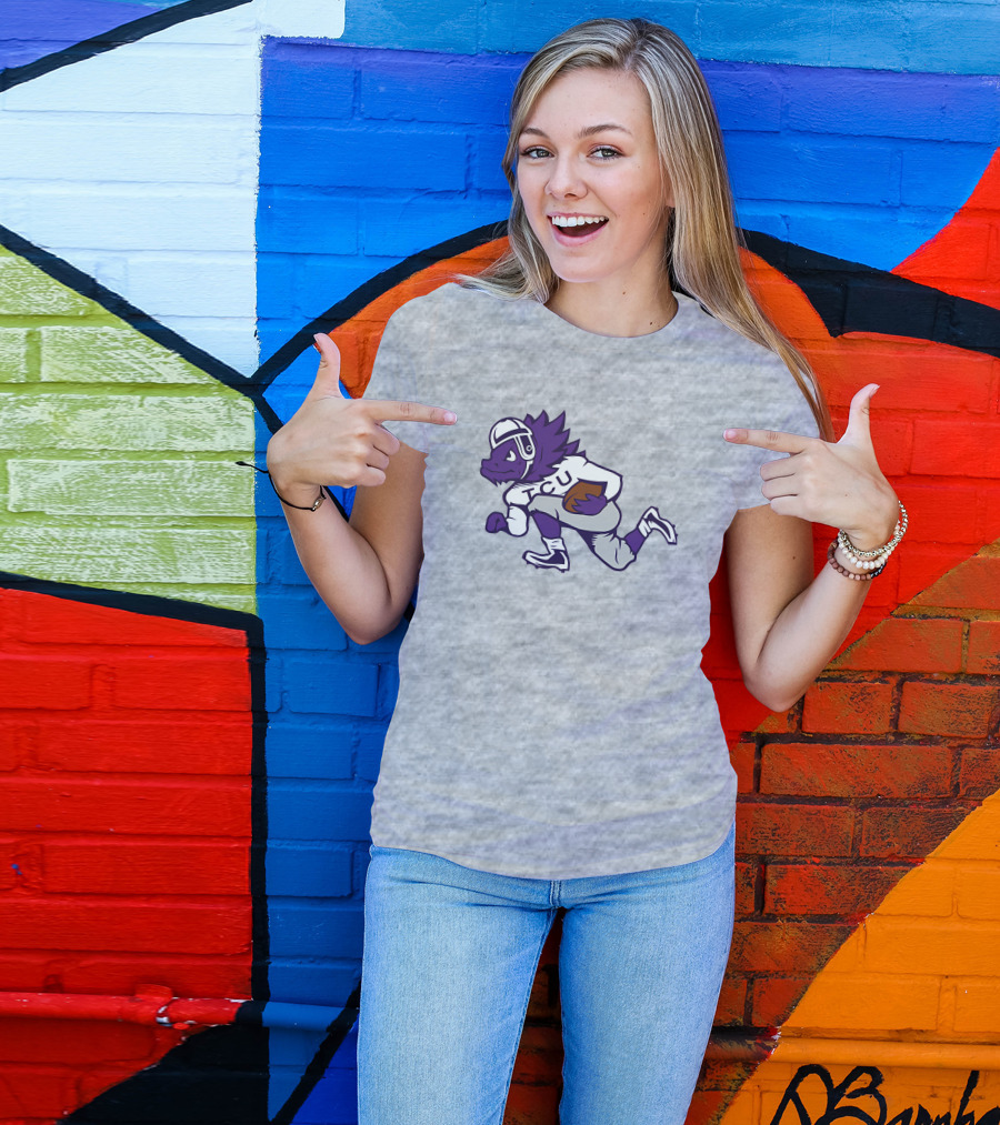 Running Horned Frog TCU Football Player In Purple And White Jersey T-Shirt