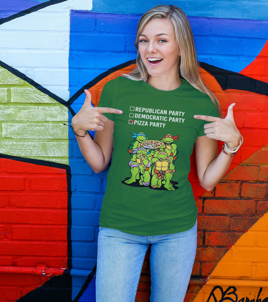 Pizza Party Checkmark With Four Ninja Turtles Carrying Pizza Under Republican Party Democratic Party Options T-Shirt