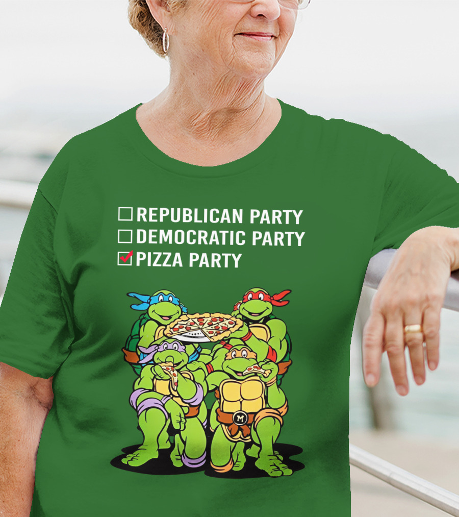 Pizza Party Checkmark With Four Ninja Turtles Carrying Pizza Under Republican Party Democratic Party Options T-Shirt