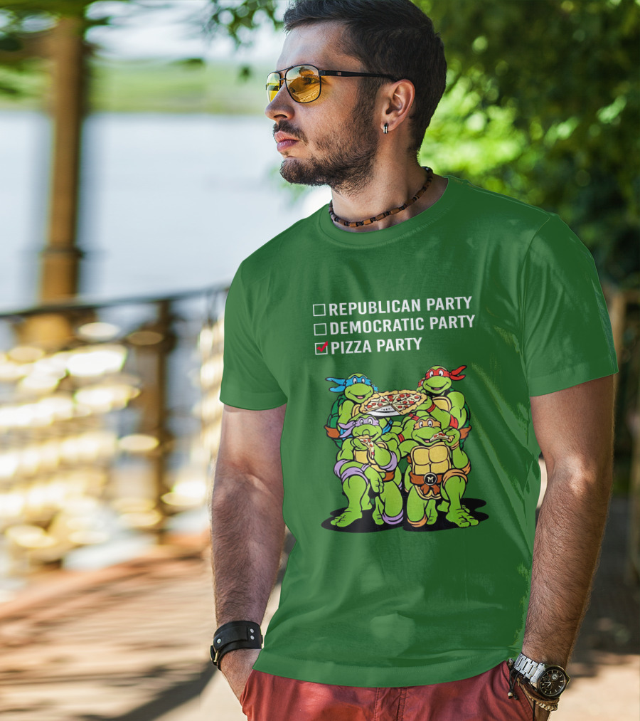 Pizza Party Checkmark With Four Ninja Turtles Carrying Pizza Under Republican Party Democratic Party Options T-Shirt