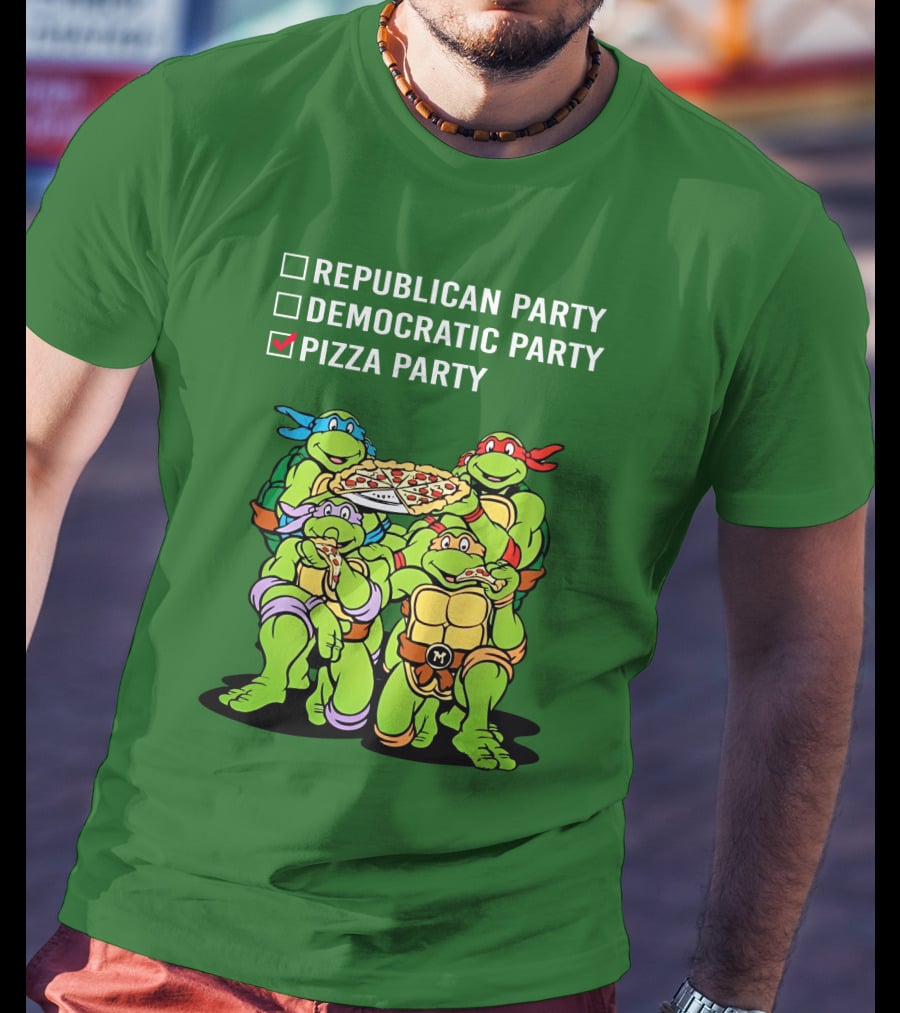 Pizza Party Checkmark With Four Ninja Turtles Carrying Pizza Under Republican Party Democratic Party Options T-Shirt