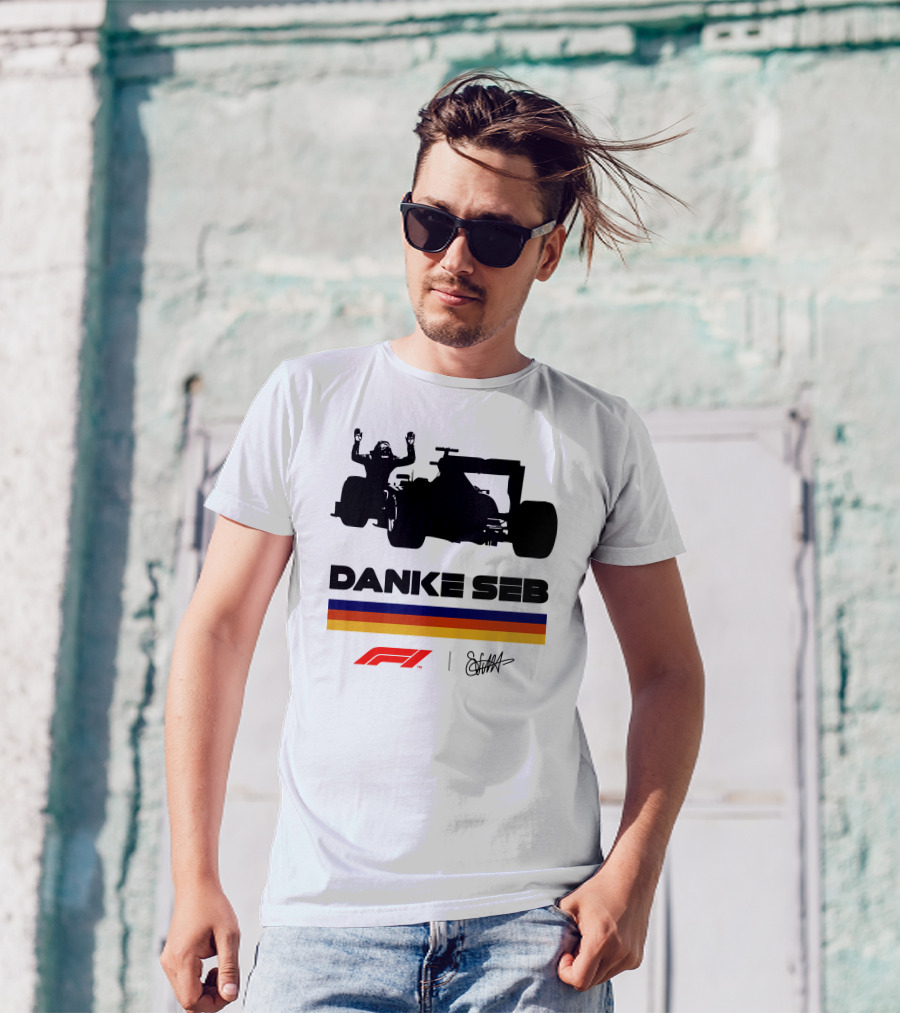 Formula 1 Danke Seb Vettel Silhouette With F1 Logo And Signature T-Shirt