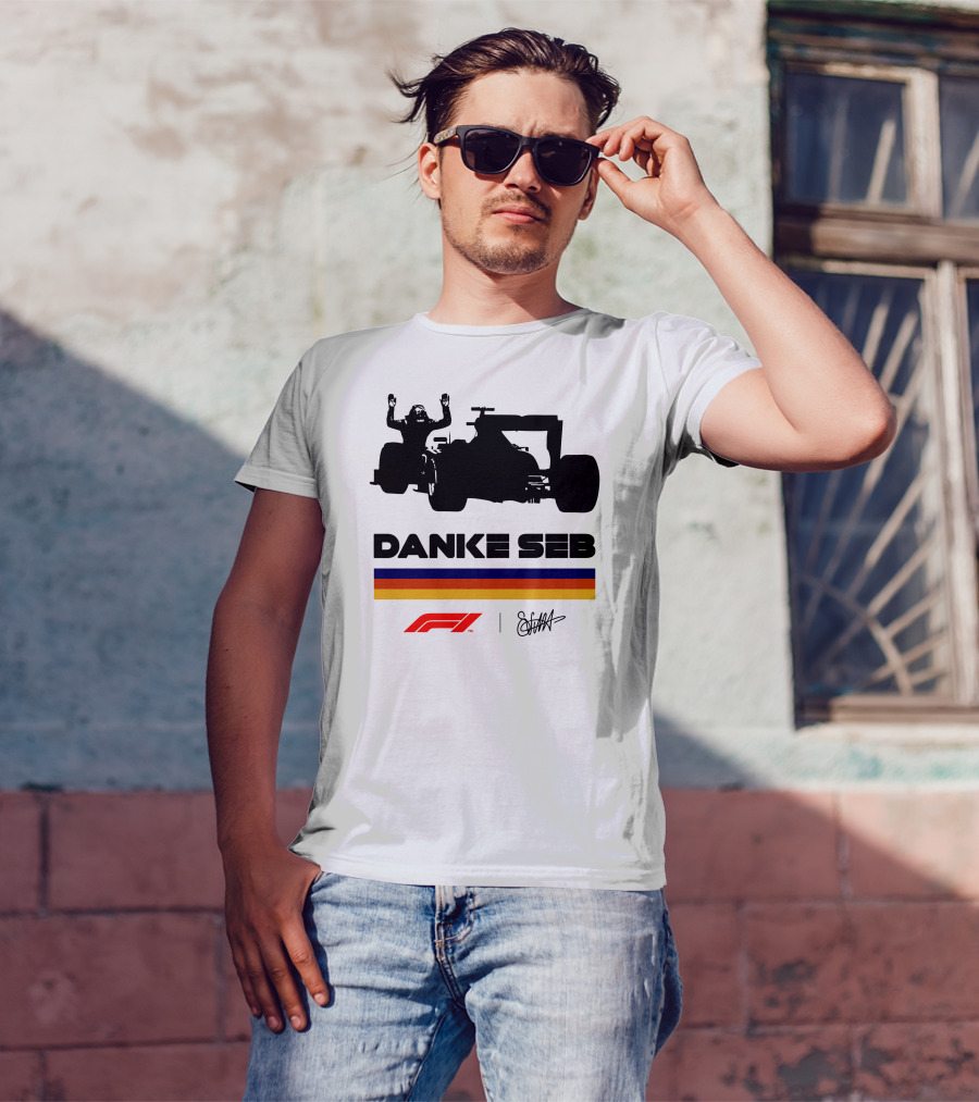 Formula 1 Danke Seb Vettel Silhouette With F1 Logo And Signature T-Shirt