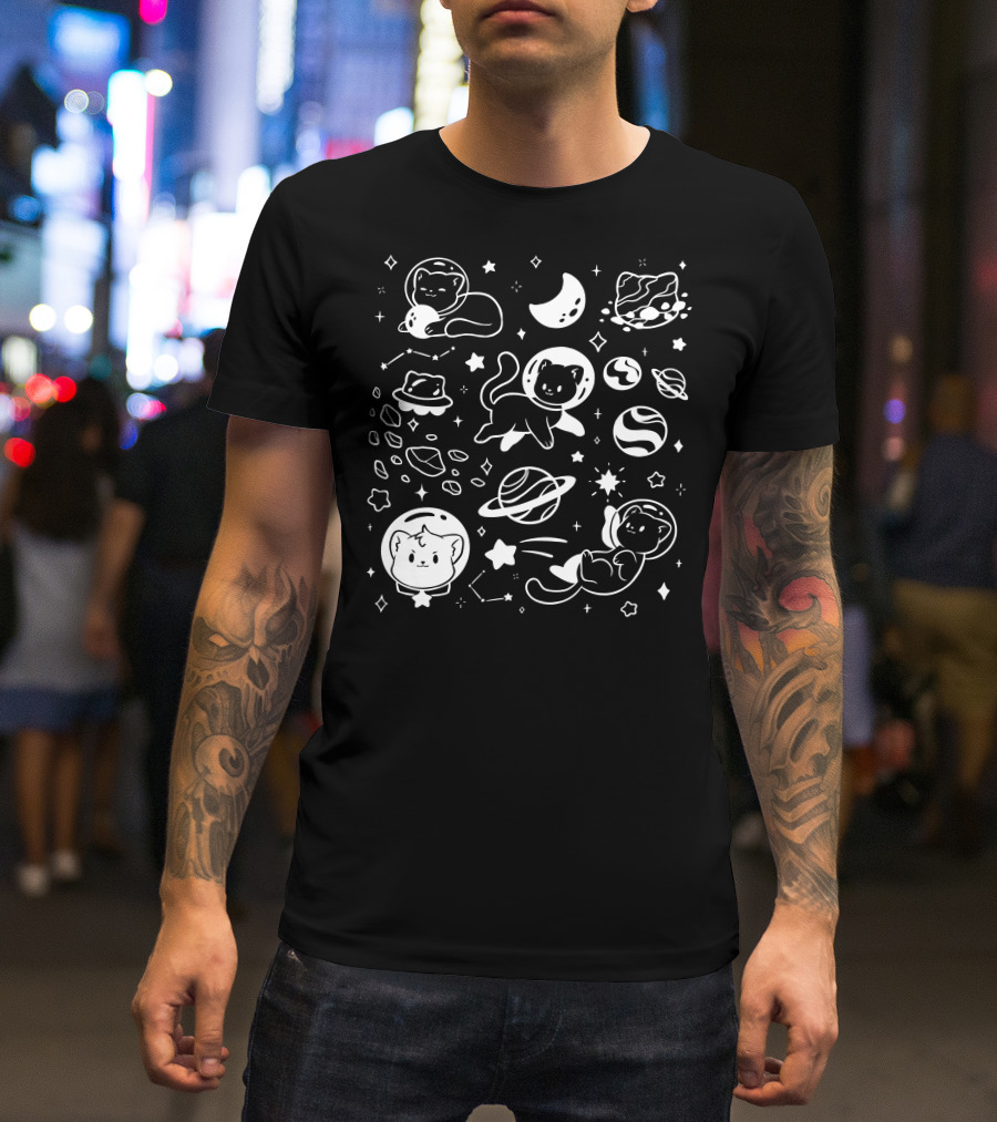 Helloapparel Space Cat Astronauts With Planets And Stars T-Shirt