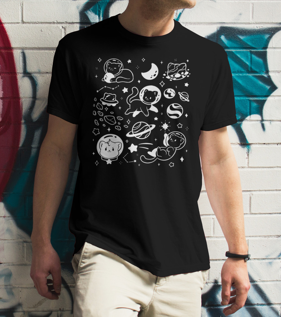 Helloapparel Space Cat Astronauts With Planets And Stars T-Shirt