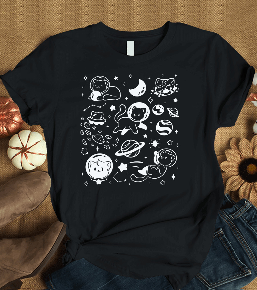Helloapparel Space Cat Astronauts With Planets And Stars T-Shirt