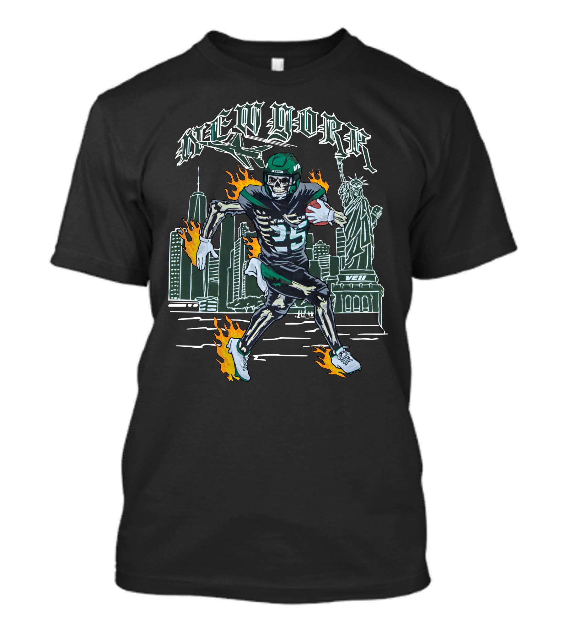New York Jetpack QB Number 5 New York City Statue Of Liberty Skyline Fire Running T-Shirt