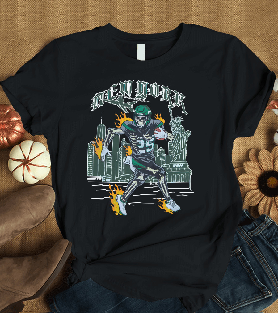 New York Jetpack QB Number 5 New York City Statue Of Liberty Skyline Fire Running T-Shirt