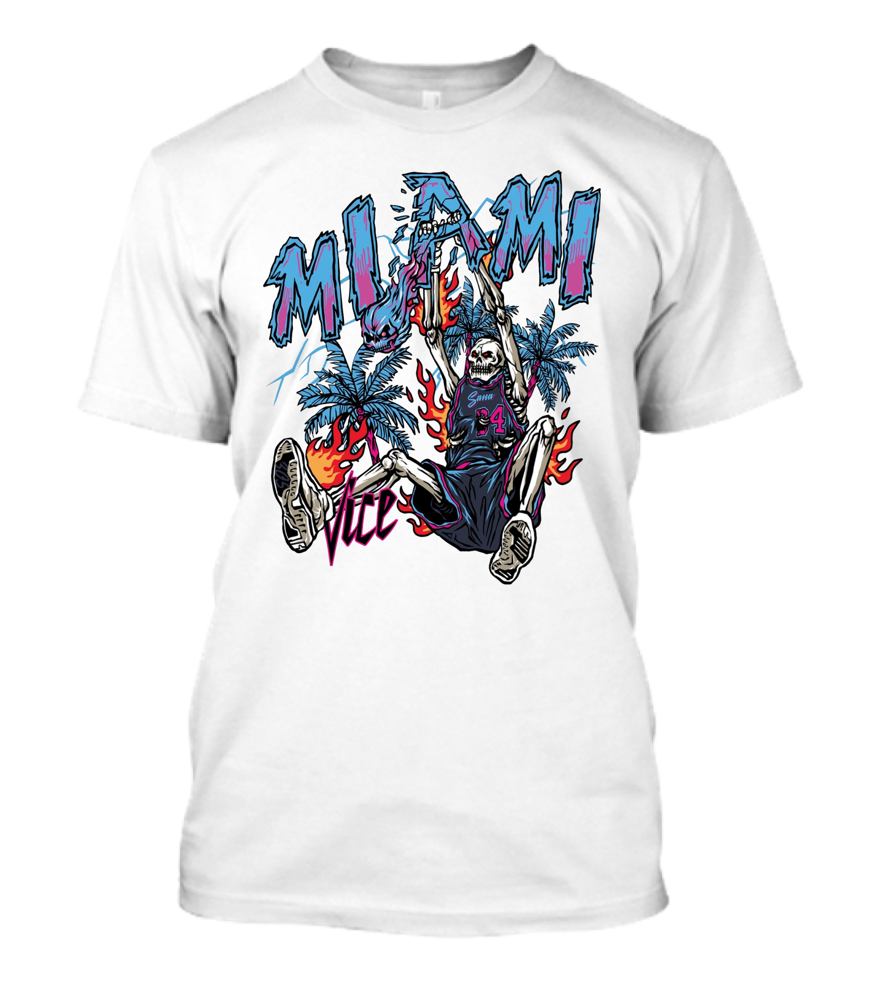 Sana Detroit Vice Miami Basketball Skeleton Dunking With Palm Trees And Flames T-Shirt