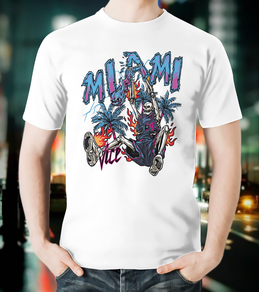 Sana Detroit Vice Miami Basketball Skeleton Dunking With Palm Trees And Flames T-Shirt