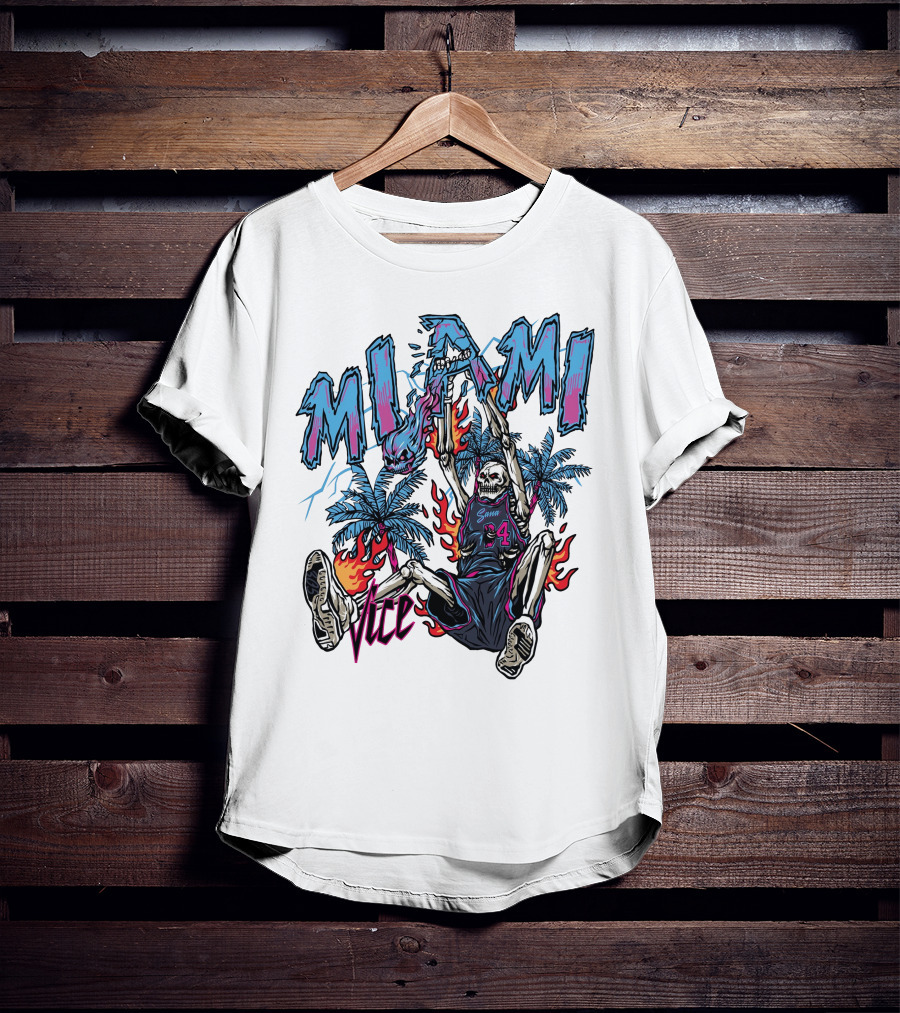Sana Detroit Vice Miami Basketball Skeleton Dunking With Palm Trees And Flames T-Shirt