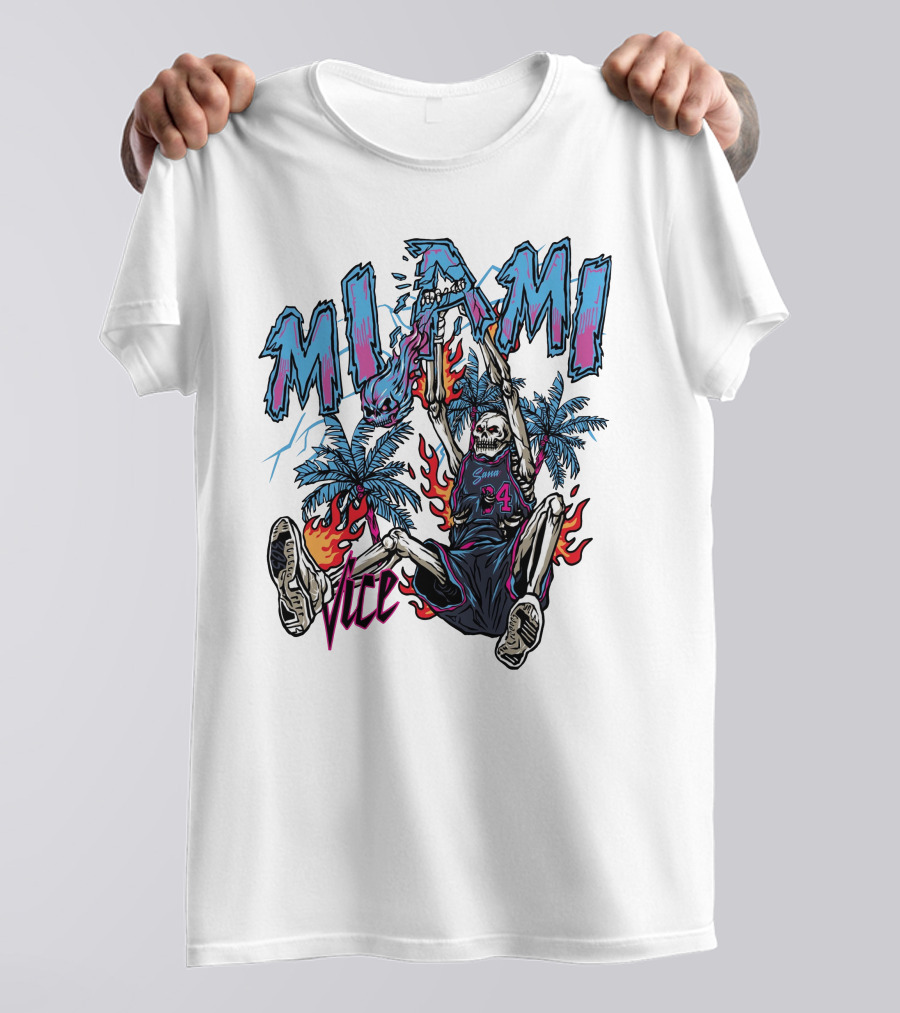 Sana Detroit Vice Miami Basketball Skeleton Dunking With Palm Trees And Flames T-Shirt