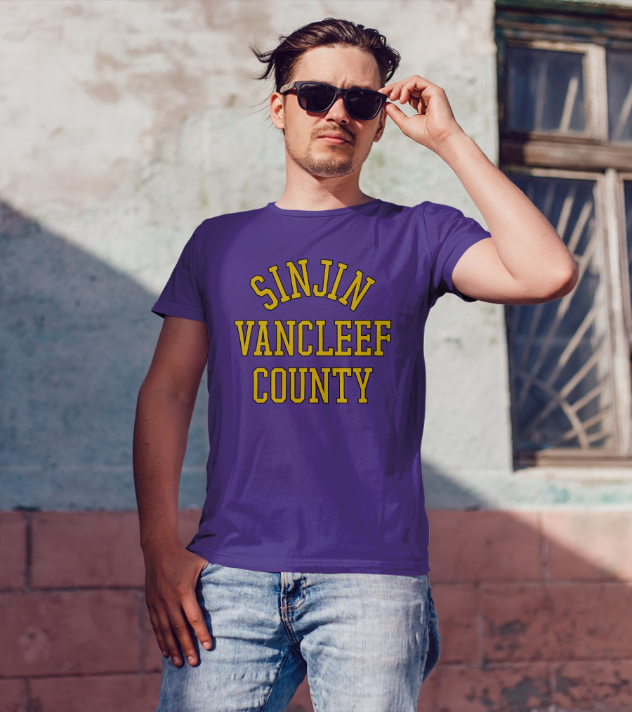 Sinjin Drowning Merch Sinjin Vancleef County Arch Style Purple Gold Lettering T-Shirt