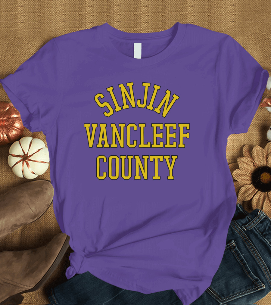 Sinjin Drowning Merch Sinjin Vancleef County Arch Style Purple Gold Lettering T-Shirt