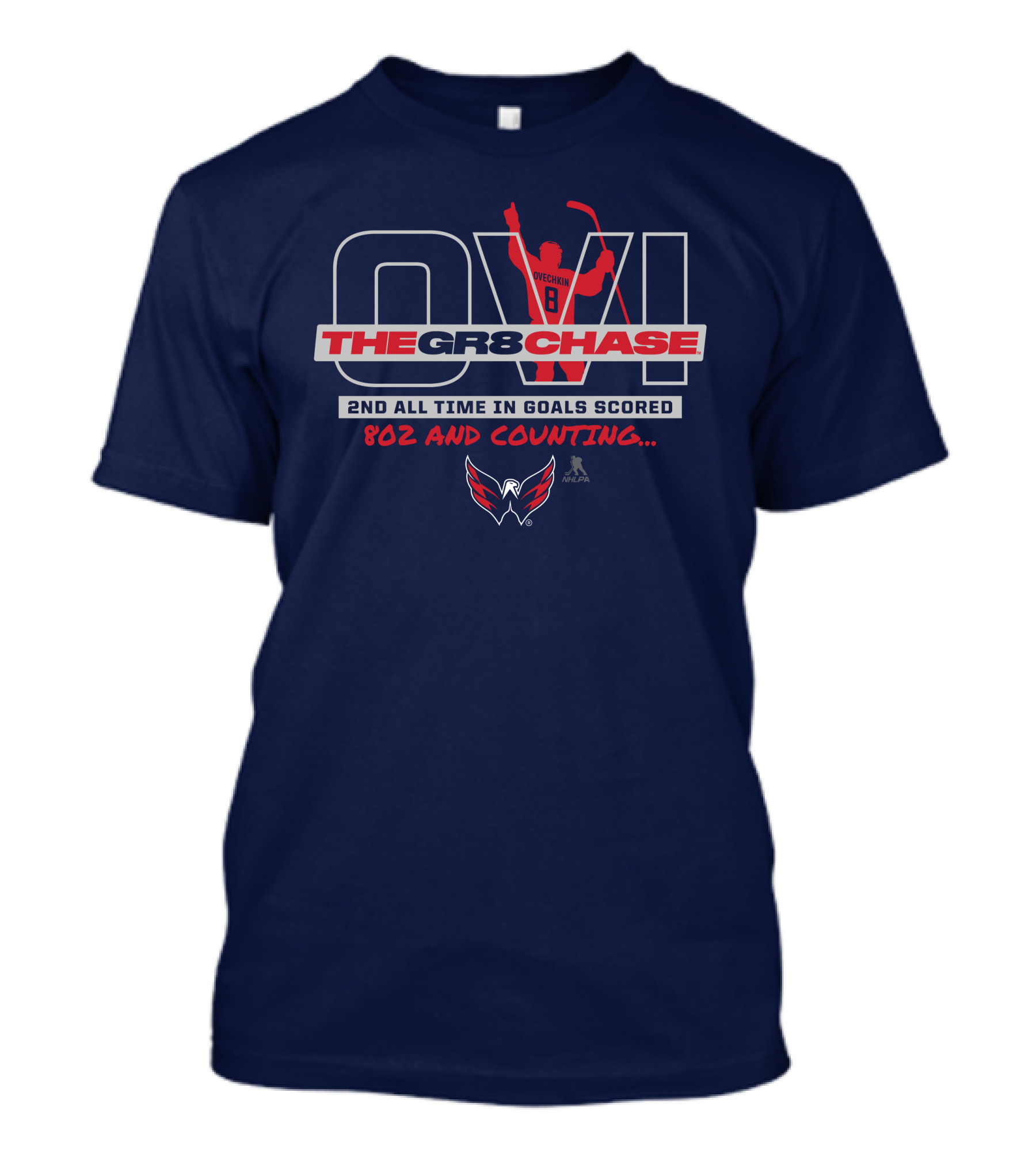 Washington Capitals Alexander Ovechkin The Gr8 Chase 2nd All Time In Goals Scored 802 And Counting T-Shirt