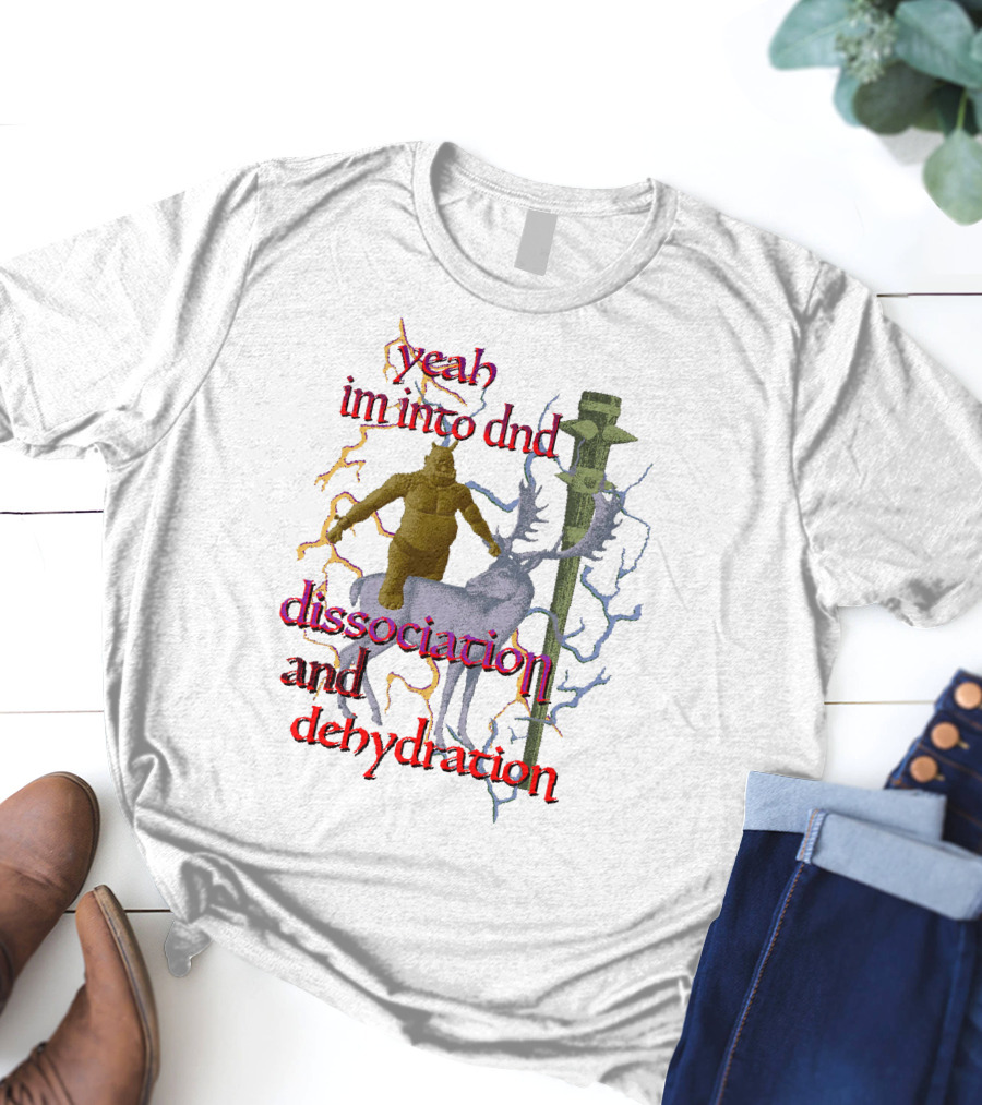 Yeah Im Into Dnd Dissociation And Dehydration Statue Riding Reindeer With Caduceus Staff And Lightning Background T-Shirt