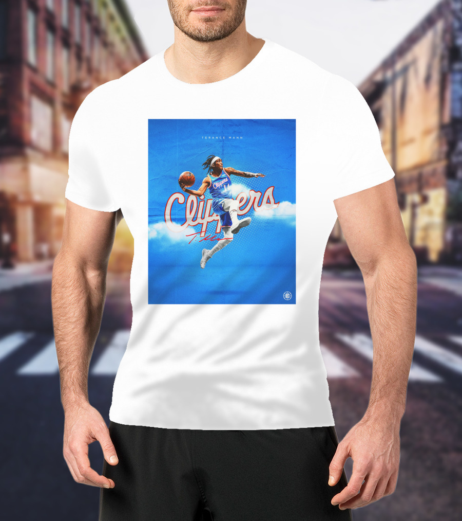 Terance Mann Clippers Basketball Motion Dribble Blue Clouds T-Shirt