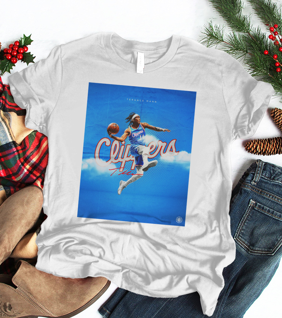 Terance Mann Clippers Basketball Motion Dribble Blue Clouds T-Shirt