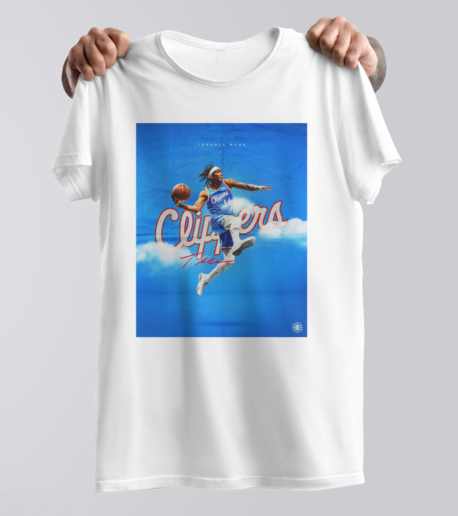 Terance Mann Clippers Basketball Motion Dribble Blue Clouds T-Shirt