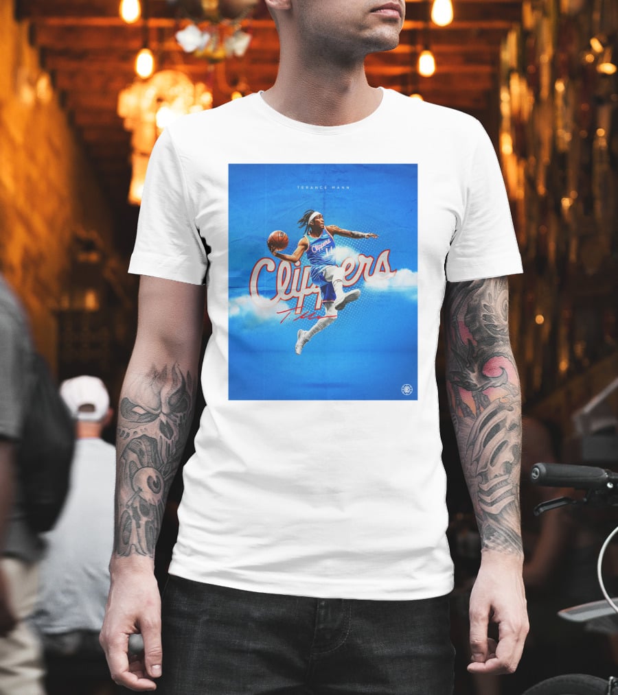 Terance Mann Clippers Basketball Motion Dribble Blue Clouds T-Shirt