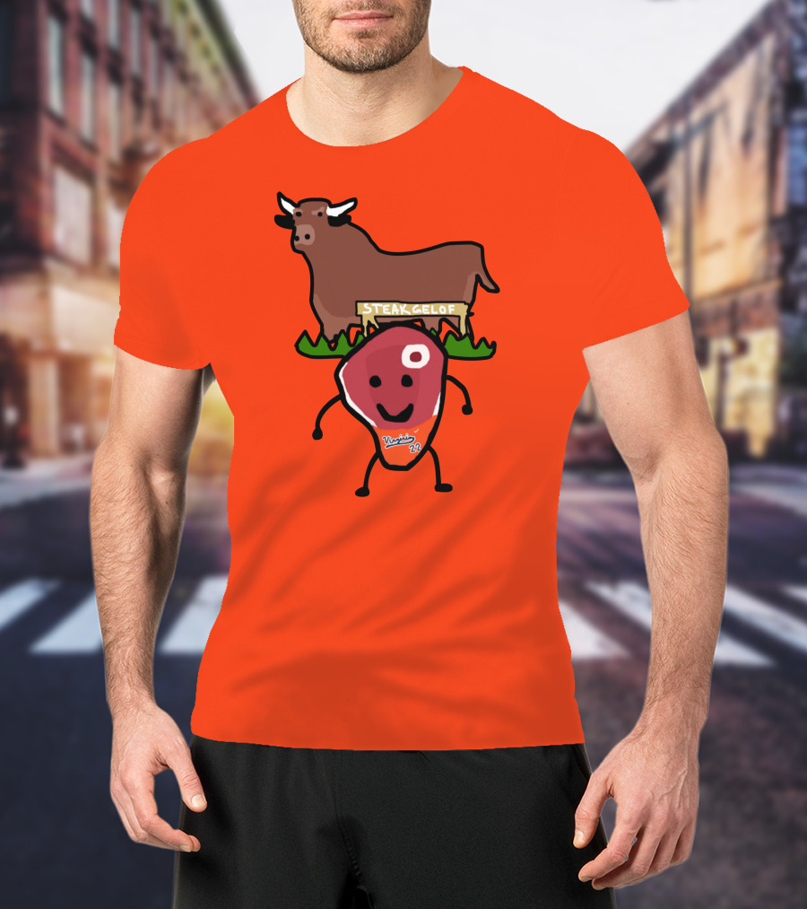 Steak Gelof Virginia 22 Cartoon Bull And Smiling Meat Character On Red T-Shirt