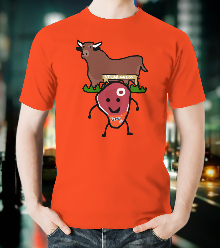 Steak Gelof Virginia 22 Cartoon Bull And Smiling Meat Character On Red T-Shirt