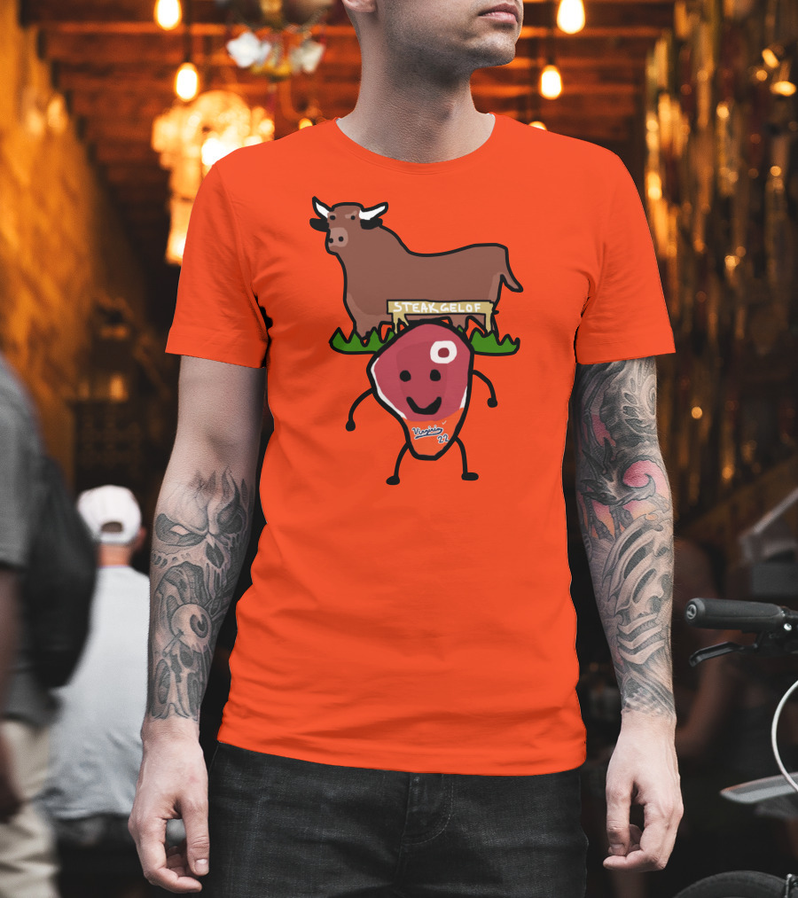 Steak Gelof Virginia 22 Cartoon Bull And Smiling Meat Character On Red T-Shirt