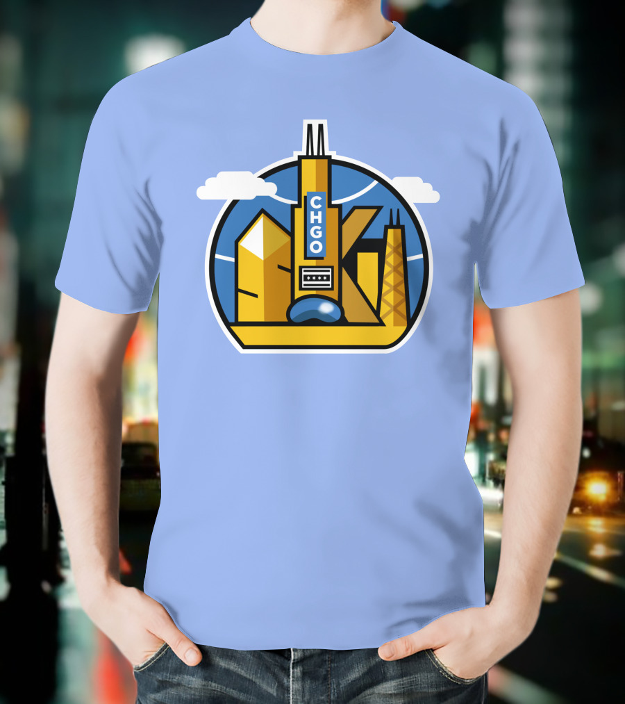 CHGO Skyline Blue Skies Sports Icon With Landmarks T-Shirt