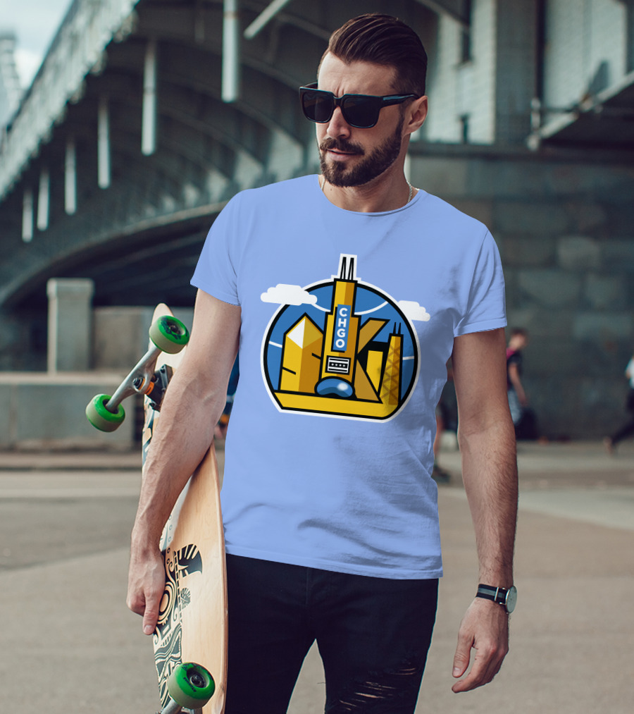 CHGO Skyline Blue Skies Sports Icon With Landmarks T-Shirt
