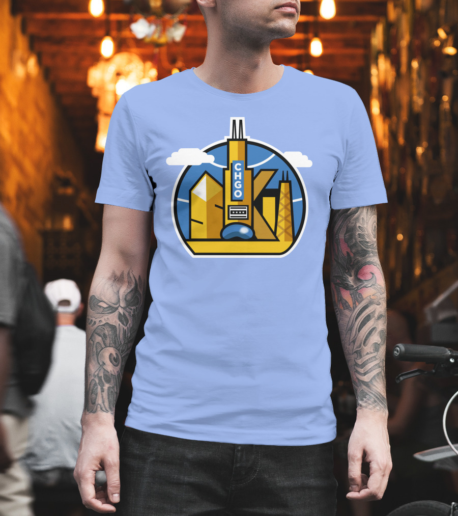 CHGO Skyline Blue Skies Sports Icon With Landmarks T-Shirt