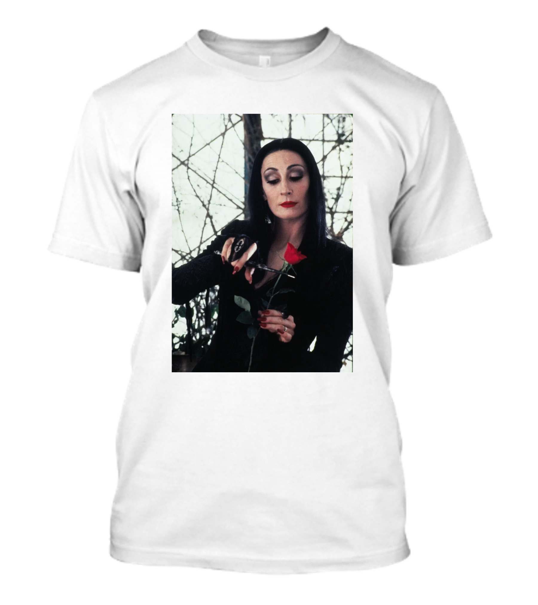 Morticia Addams Anjelica Huston Cutting Rose Scene T-Shirt