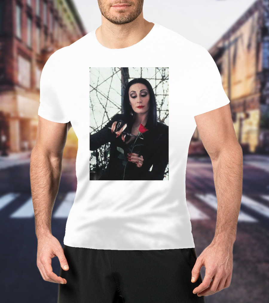 Morticia Addams Anjelica Huston Cutting Rose Scene T-Shirt