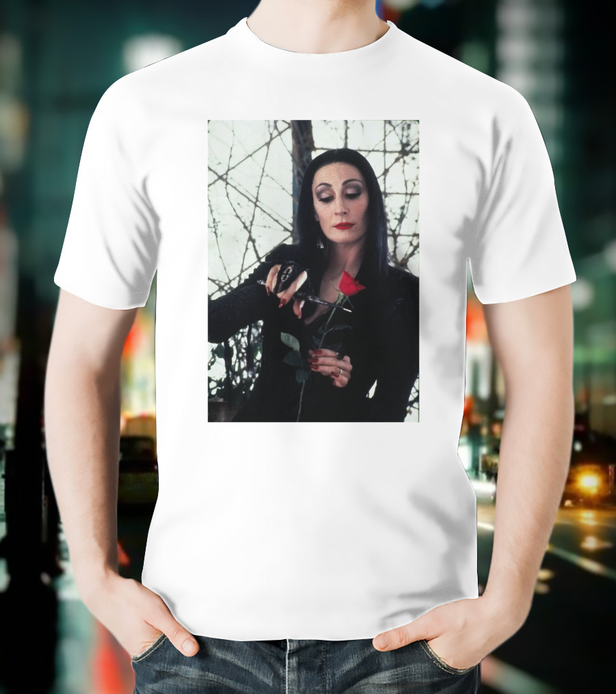 Morticia Addams Anjelica Huston Cutting Rose Scene T-Shirt