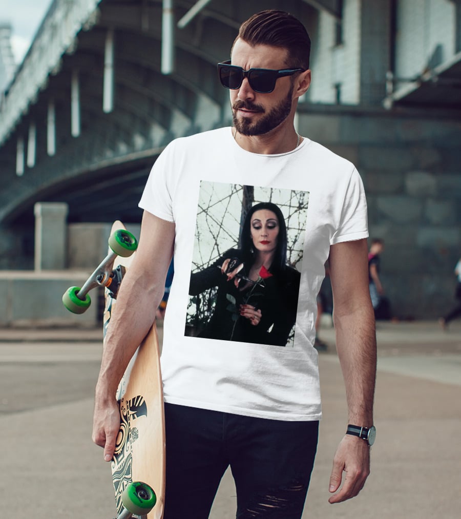 Morticia Addams Anjelica Huston Cutting Rose Scene T-Shirt