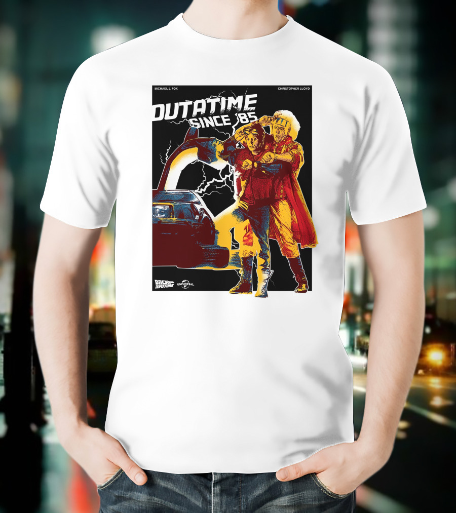 DUTATIME SINCE '85 BACK TO THE FUTURE MICHAEL J. FOX CHRISTOPHER LLOYD UNIVERSAL T-Shirt