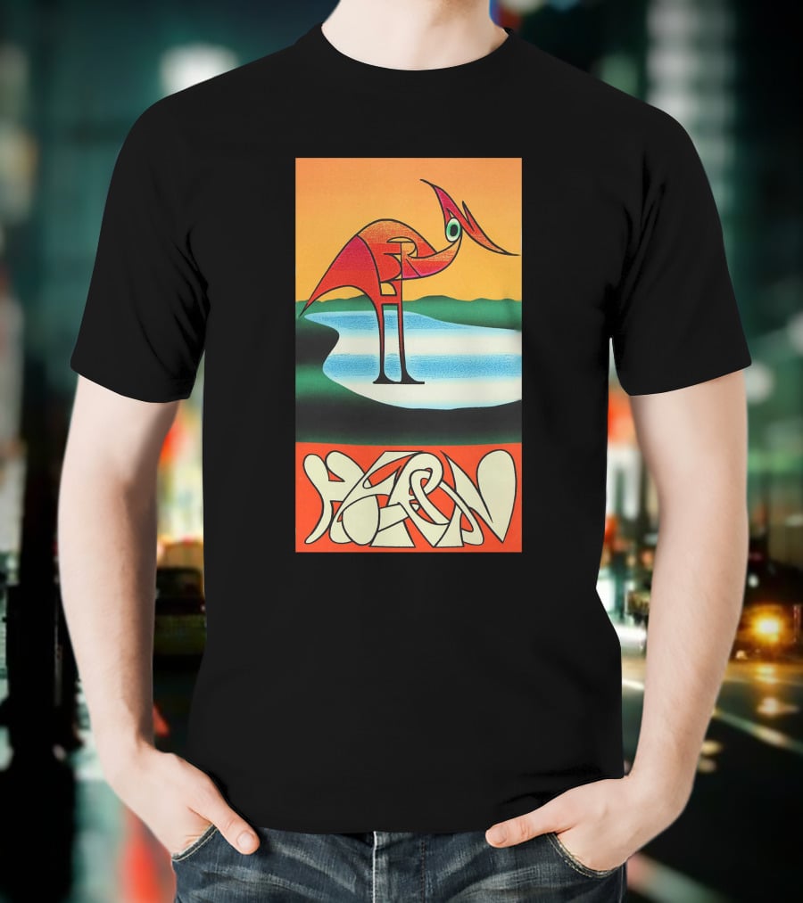 Heron Preston Abstract Bold Graphic Stork Art Orange Teal Lake T-Shirt
