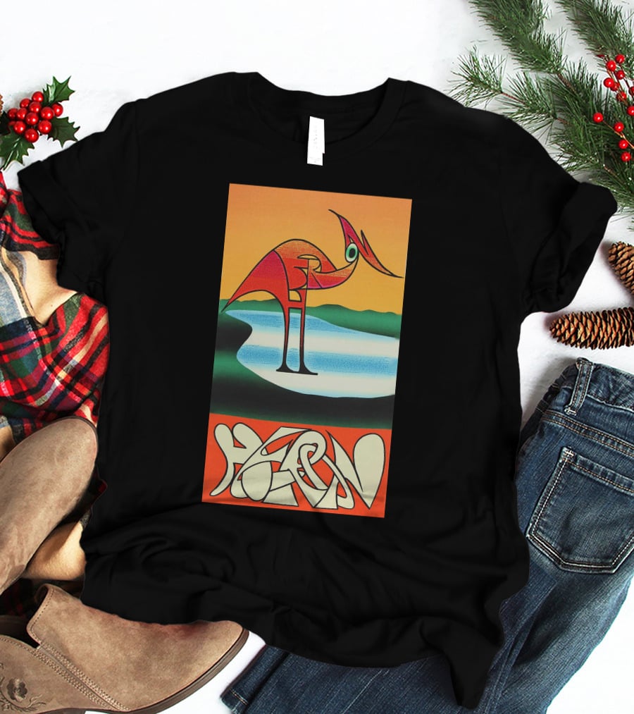 Heron Preston Abstract Bold Graphic Stork Art Orange Teal Lake T-Shirt