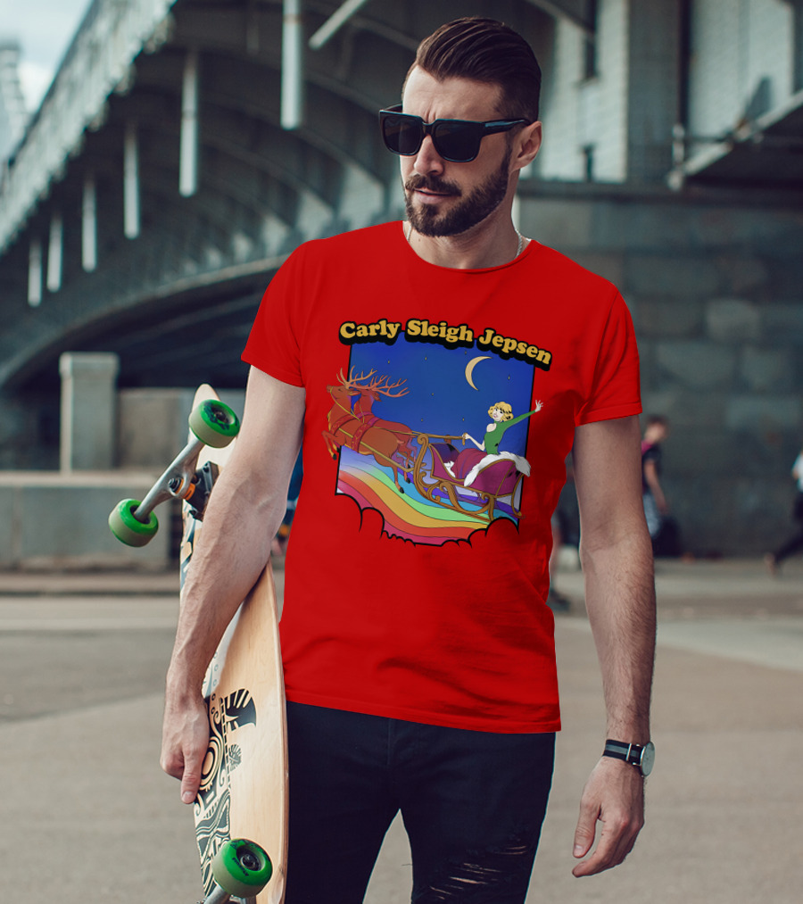 Carly Sleigh Jepsen Christmas Reindeer Sleigh Adventure Under Moonlit Sky T-Shirt